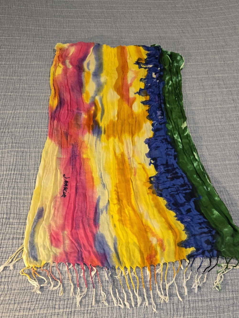 Vintage Jerry Garcia Colorful Tie-Dye Fringe Scarf - Yellow, Pink, Blue, Green